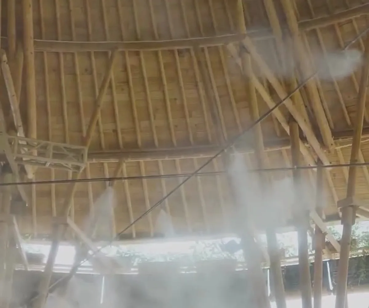 Fine mist under a gathering-area roof — the same approach works on mosque forecourts