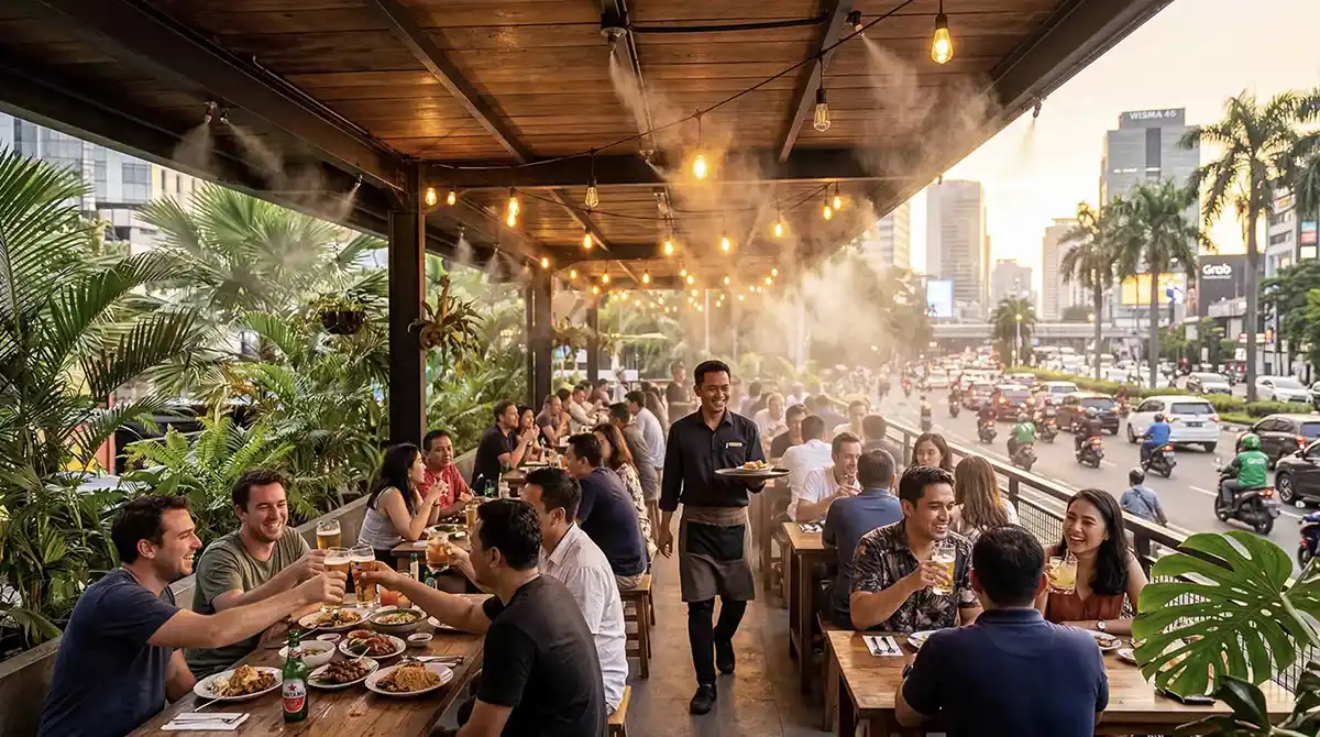 Terrace with Mist System: comfortable guests, full tables, no visible equipment.